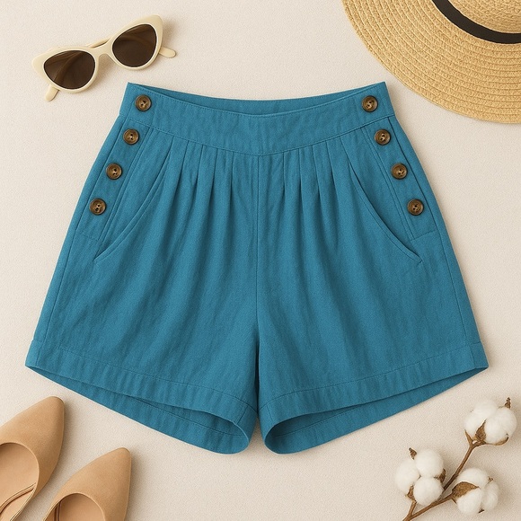 Vintage Deadstock 80s/90s Pleated Button-Front Turquoise Shorts S - Picture 2 of 14